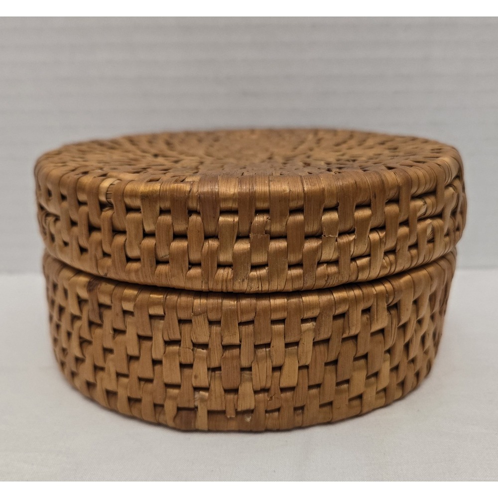 Vintage Round Woven Rattan Lidded Basket - 5" Boho Trinket Box Catchall